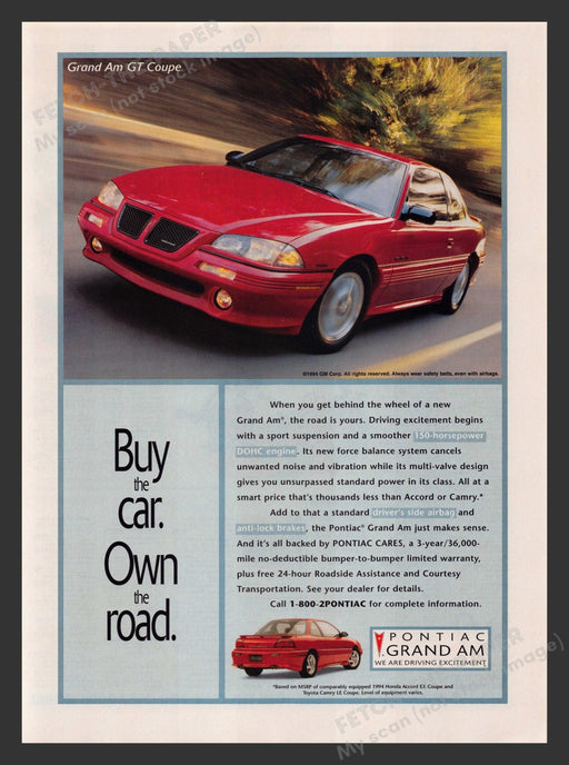 Pontiac Grand Am GT Coupe 1990s Print Advertisement 1995 Fetch the Paper!