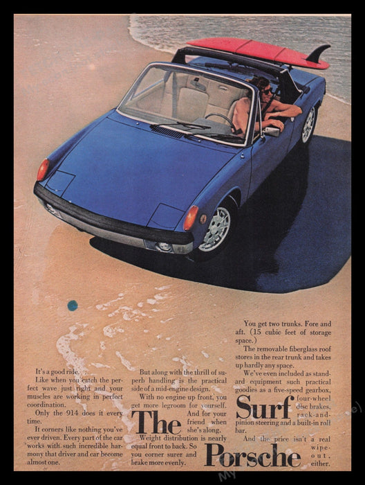 Porsche 914 Car 1970s Print Advertisement Ad 1972 Beach Surfer Fetch the Paper!