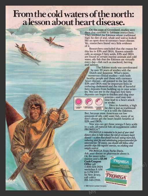 1986 Promega Natural Fish Oil Concentrate Eskimo Print Advertisement Ad