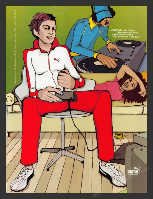 2002 Puma Clothing Illustration DJ Playing Games Print Advertisement Ad