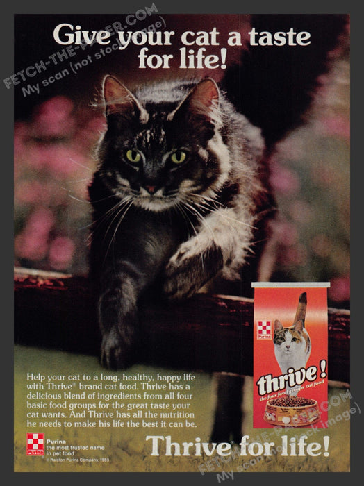 1983 Print Advertisement Purina "Thrive" Cat Food Cat Jumping Over Log Ad.