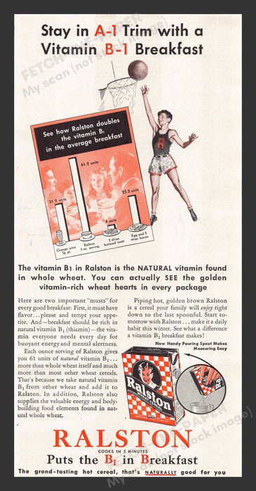 1941 Ralston Wheat Cereal B1 Boy Playing Basketball Print Advertisement Ad