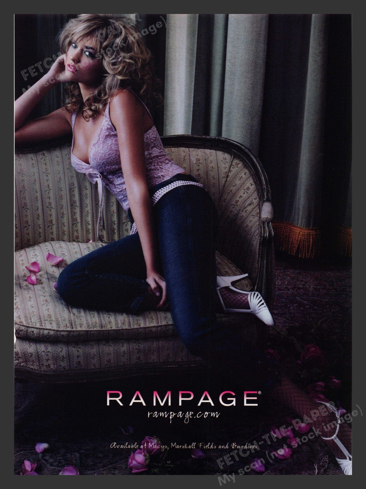 Rampage 2000s Ad: Blonde Model on Vintage Couch, Lace Top — Fetch-the-Paper