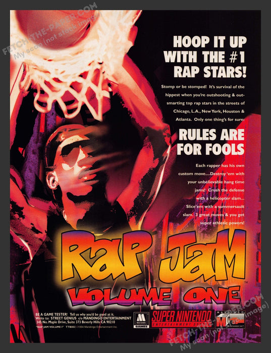 1994 Print Advertisement Rap Jam Volume One Nintendo Video Game Ad.