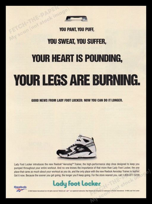 Reebok 1990's Print Advertisement Ad 1995 Shoes Lady Foot Locker Step Aerobics Fetch the Paper!