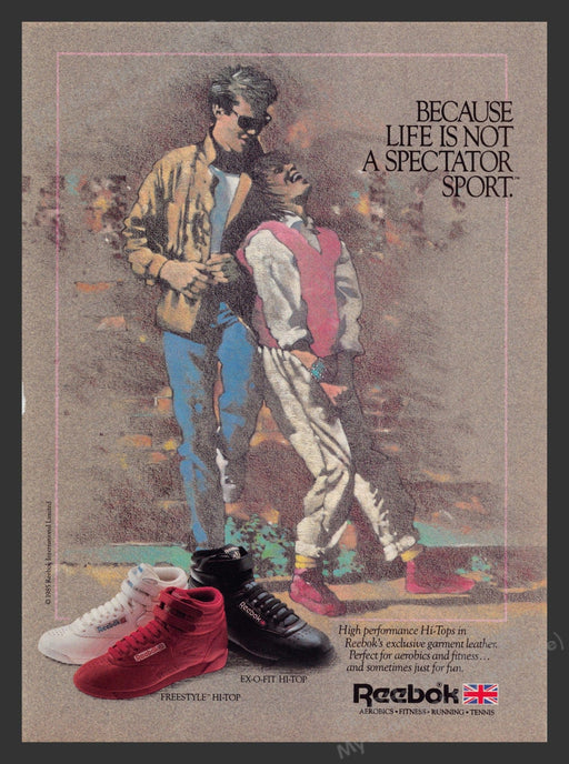 Reebok Hi-top Shoes Illustration Couple 1980s Print Advertisement Ad 1985 Fetch the Paper!