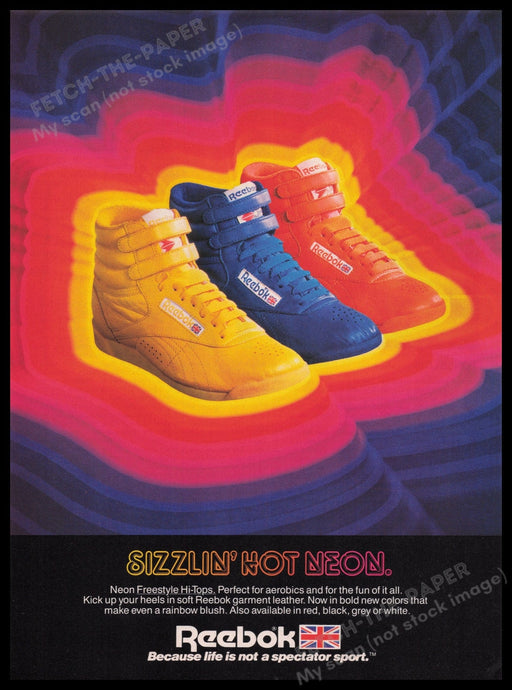 Reebok Shoes 1980s Print Advertisement Ad 1985 Sizzlin' Hot Neon Fetch the Paper!