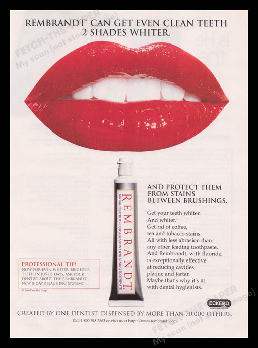 Rembrandt Toothpaste 1990s Print Advertisement Ad 1996 Red Lips Mouth Fetch the Paper!