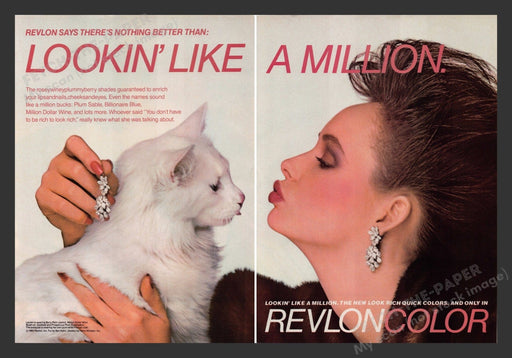 Revlon 1980s Print Advertisement (2 pages) 1983 Color Persian White Cat Fetch the Paper!