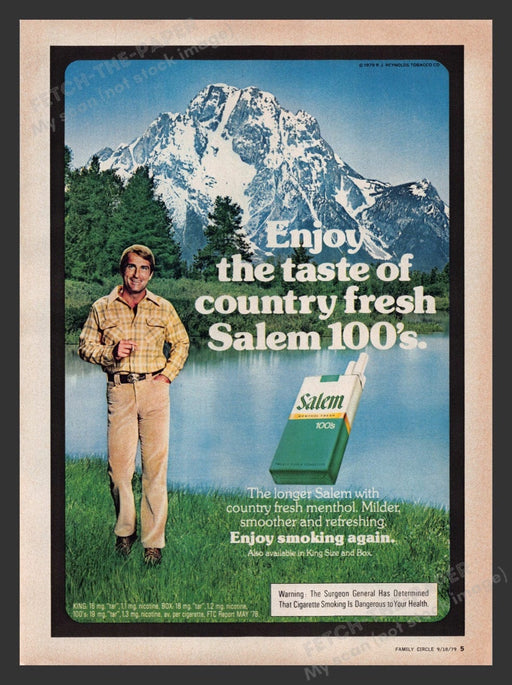 1979 Salem 100's Cigarettes Mountain Lake Print Advertisement Ad