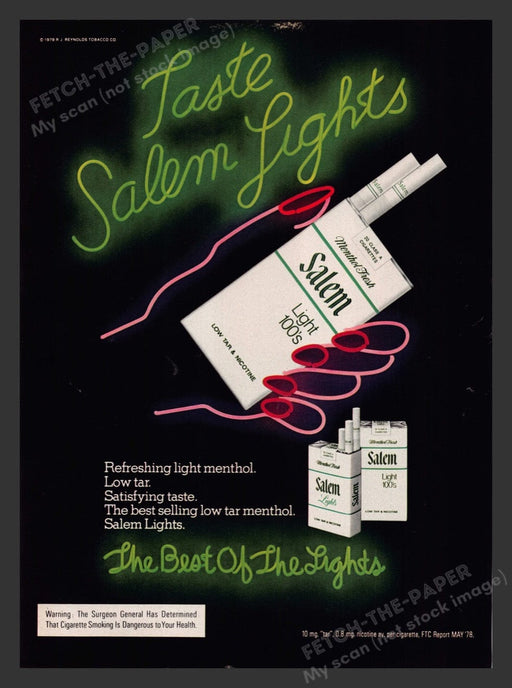 1979 Salem Lights 100's Cigarettes Neon Hand Print Advertisement Ad