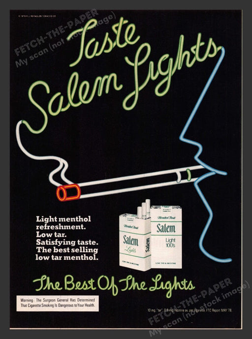 1979 Salem Lights Cigarettes Neon Man Smoking Print Advertisement