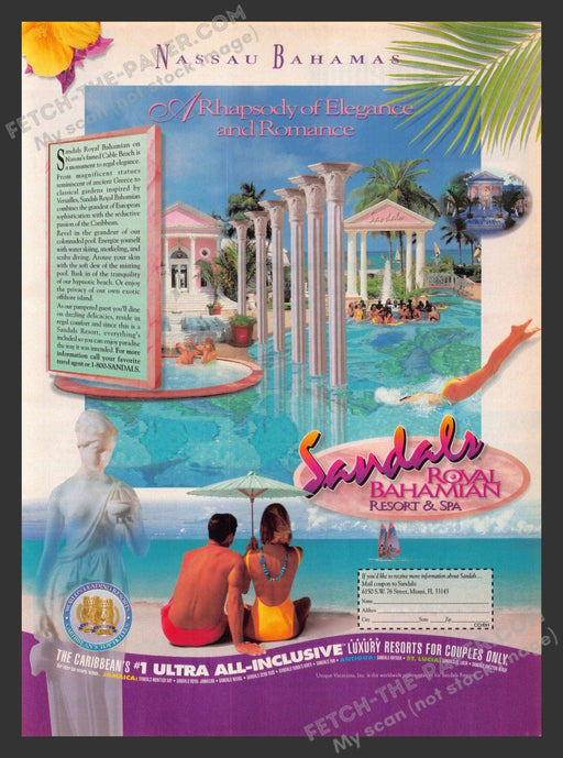 1996 Print Advertisement Sandals Royal Bahamian Resort & Spa International Ad.