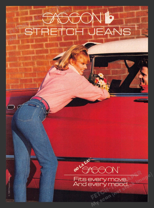 1983 Sasson Jeans OO LA LA! Leaning Model Red Car Print Advertisement Ad