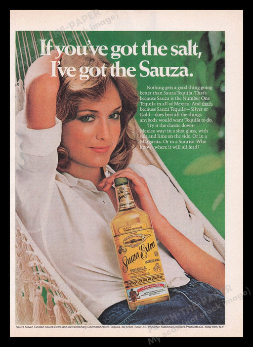 Sauza Extra Tequila 1970s Print Advertisement Ad 1977 Sexy Hammock Model Fetch the Paper!