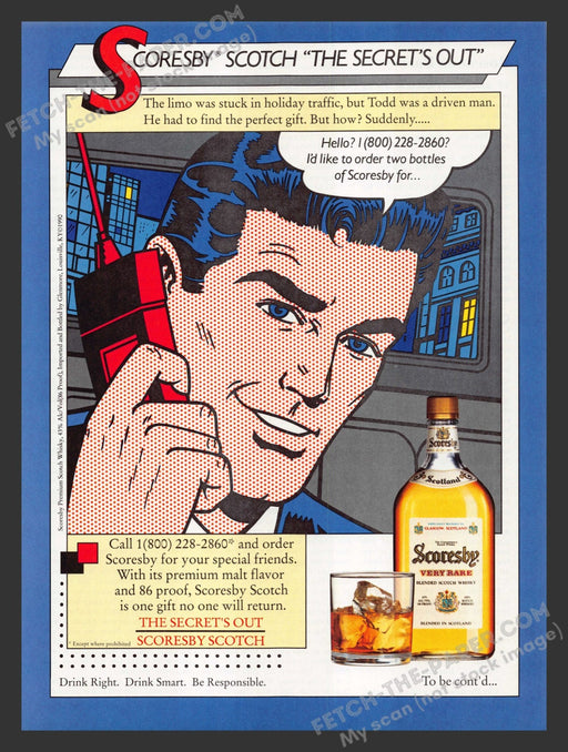 1990 Print Advertisement Scoresby Scotch Comic Style Alcohol Ad.