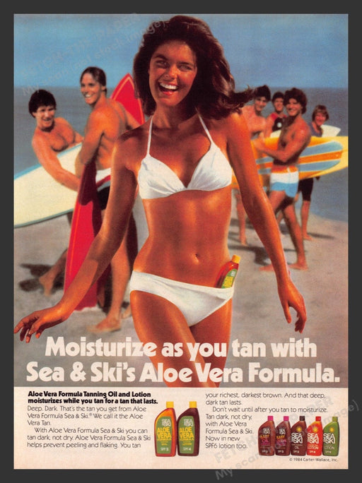 1984 Sea & Ski's Aloe Vera Formula Bikini & Surfer Dudes Print Advertisement Ad