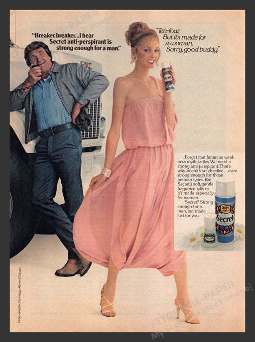 1980 Secret Anti-Perspirant Truck Driver & Sexy Blonde Print Advertisement Ad