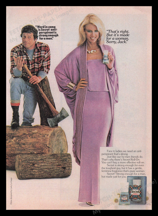 Secret Deodorant 1970s Print Advertisement Ad 1977 Lumberjack Fetch the Paper!