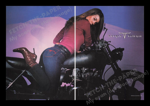 Sergio Valente 2000s Print Advertisement Ad (2 pages) 2000 Motorcycle Sexy Model Fetch the Paper!