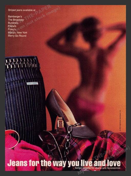 1983 Sergio Valente Jeans Topless Model in Background Print Advertisement Ad