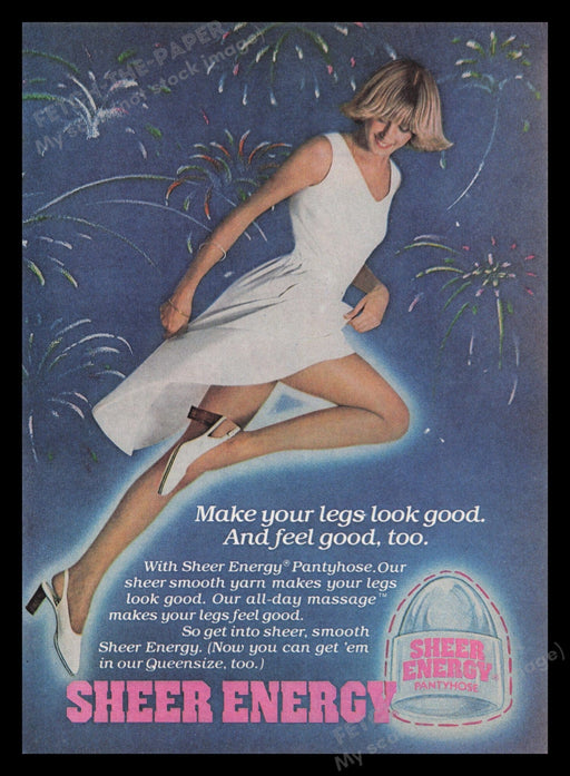 Sheer Energy Pantyhose 1970s Print Advertisement Ad 1977 Legs Fireworks Fetch the Paper!