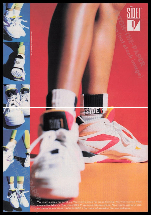 Side 1 Tennis Shoes 1990s Print Advertisement (2 pages) 1991 Legs Aerobics Fetch the Paper!