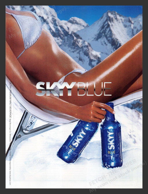2002 Skyy Blue Alcohol Sexy Silver Bikini Girl Snow Mountain Print Advertisement.