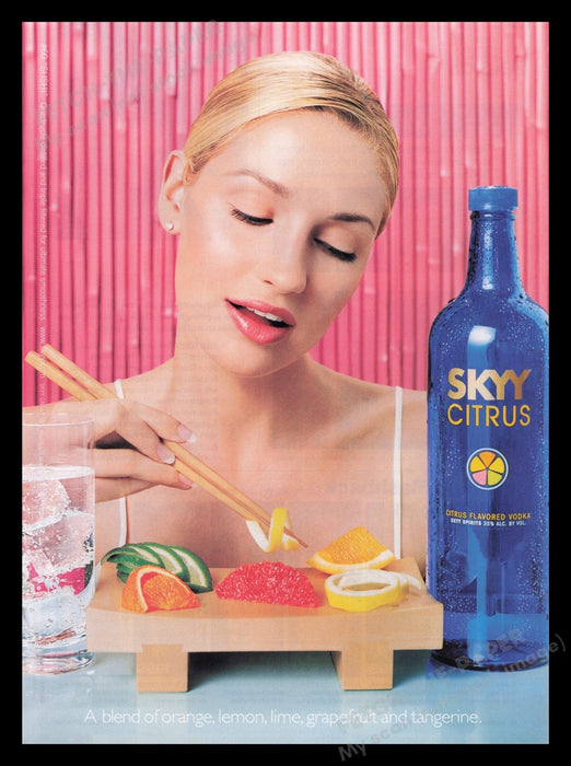 Skyy Citrus 2000s Print Advertisement Ad 2001 Model "Asian Cuisine" Chopsticks Fetch the Paper!