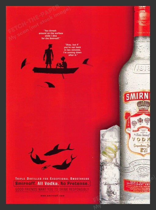 2000 Smirnoff Vodka Sharks Bottle Rowboat Print Advertisement Ad