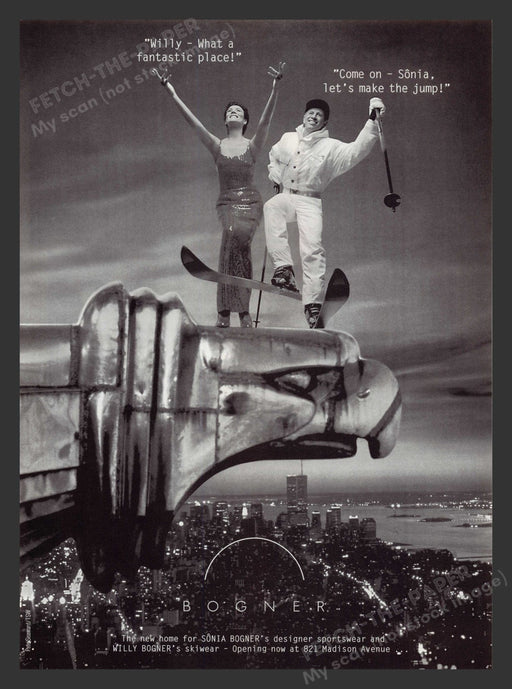 Sonia & Willy Bogner 1990s Print Advertisement 1995 NYC Skyline Twin Towers Fetch the Paper!