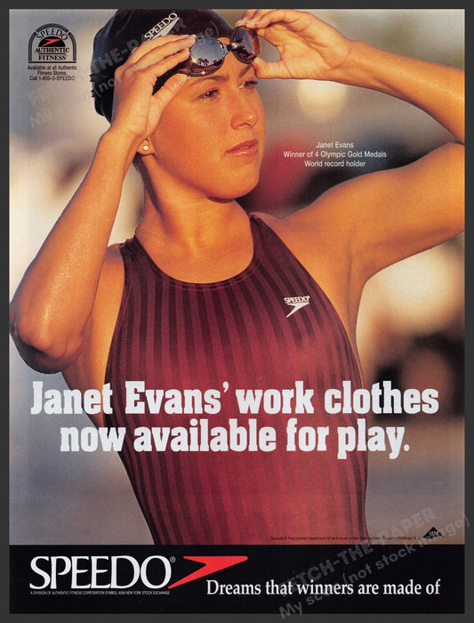 Speedo Swimwear Janet Evans 1990s Print Advertisement Ad 1996 Swimmer Fetch the Paper!