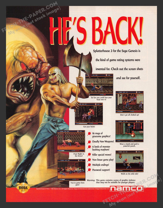 1993 Print Advertisement Splatterhouse 3 Video Game Ad.