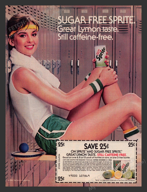 Sprite 1980s Print Advertisement Ad 1983 Sugar Free Woman Squash Player Soda Pop Fetch the Paper!
