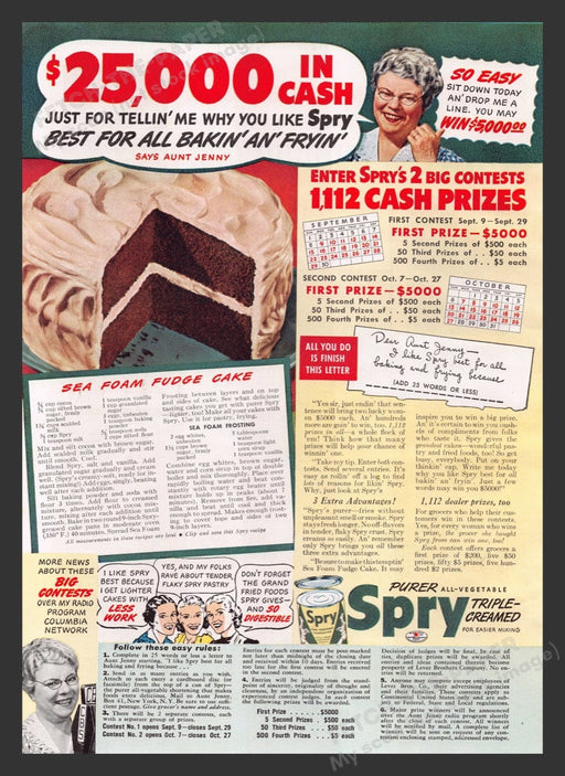 1940 Spry Vegetable Shortening Cake Recipe Print Advertisement Ad