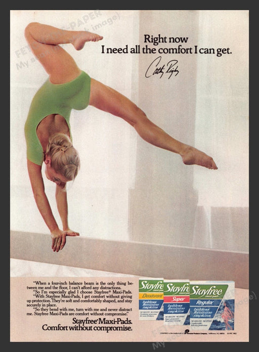 1982 Stayfree Maxi Pads Cathy Rigby Olympic Gymnast Print Advertisement Ad
