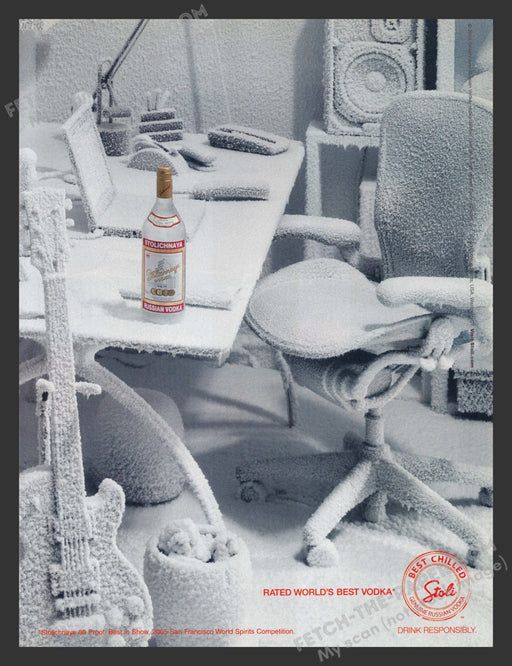 2005 Print Advertisement Stolichnaya Vodka Frozen Office & Guitar Alcohol Ad.