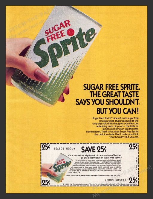 1982 Sugar Free Sprite Soda Pop Print Advertisement Ad