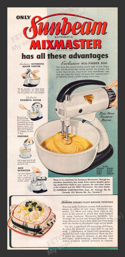 1948 Sunbeam Mixmaster Stand Mixer Mashed Potatoes Color Print Advertisement Ad