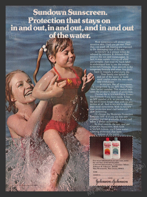 1979 Sundown Sunscreen Mom & Daughter Playing in Lake Print Advertisement Ad