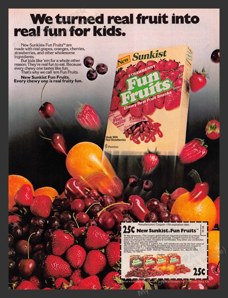 Sunkist Fun Fruits Snacks for Kids 1980s Print Advertisement