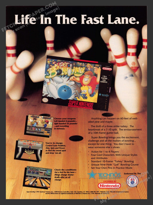 1992 Print Advertisement Super Bowling Video Game Ad.