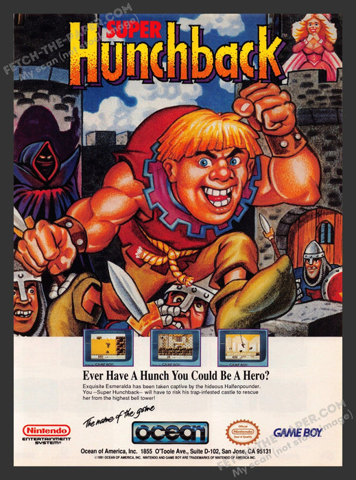 1991 Print Advertisement Super Hunchback Video Game Ad.