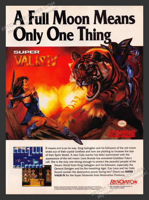 1992 Print Advertisement Super Valis IV Video Game Ad.