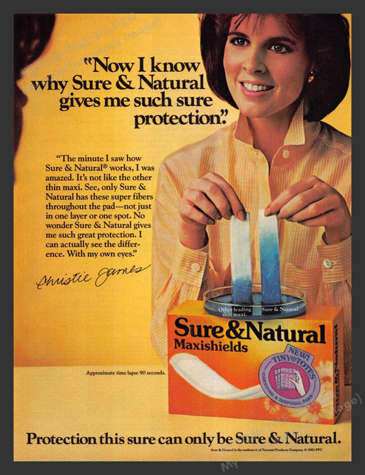1985 Sure & Natural Maxishields with Christie James Print Advertisement Ad