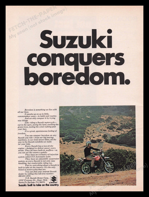 Suzuki Motorcycle 1970s Print Advertisement Ad 1972 Vintage "Conquers Boredom" Fetch the Paper!