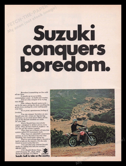 Suzuki Motorcycle 1970s Print Advertisement Ad 1972 Vintage "Conquers Boredom" Fetch the Paper!