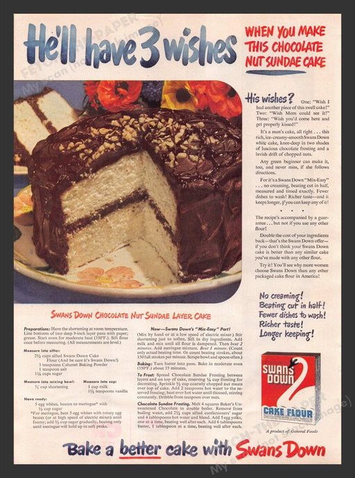 1948 Swans Down Cake Nut Sundae Layer Recipe Print Advertisement Ad