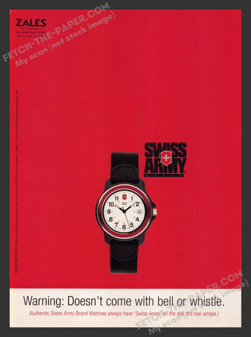 1997 Print Advertisement Swiss Army Watches Warning No Bell or Whistle Ad.