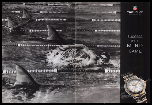 Tag Heuer Watch 1990s Print Advertisement (2 pages) 1995 Pool with Sharks Fetch the Paper!
